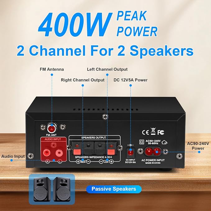 Stereo Audio Amplifier 2025 Upgraded AK45 Bluetooth Receiver for Home Stereo, 400W 2 Channel Wireless Bluetooth 5.0 Power Amplifier System with FM Radio, USB, SD Card, and Remote Control