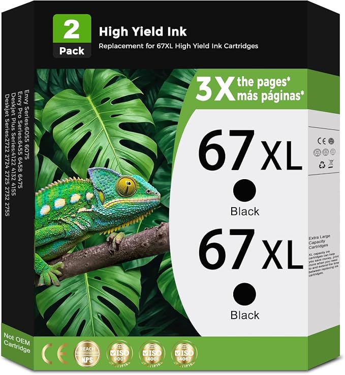 67XL Black Ink Cartridges High-Yield Replacement for HP Ink 67 HP67 XL HP67XL for DeskJet 2827e 2855e 4155e 2755e 2700e 4255e 2852e 2700 2800 4100 2752 Envy 6000 6055 6055e 6400 6455e Printer (2-Pack)