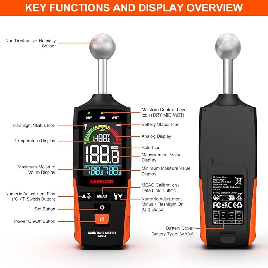 LASELION MS04 Pinless Moisture Meter with Ball Probe for Non-Destructive Area Scans Ideal for Wood Walls and Construction Materials Customizable Humidity Alarms Built-in Flashlight