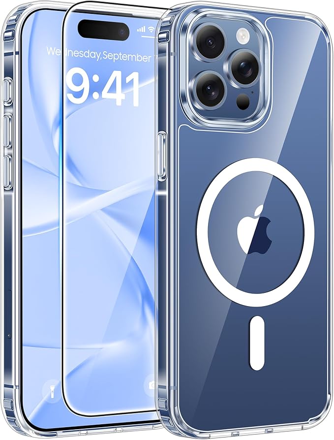 FNTCASE for iPhone 15 Pro Max Case: [Compatible with Magsafe] [Screen Protector] Anti Yellowing Transparent Clear Magnetic Phone Cover - Military Grade Shockproof Drop Proof Protective Cases - Clear