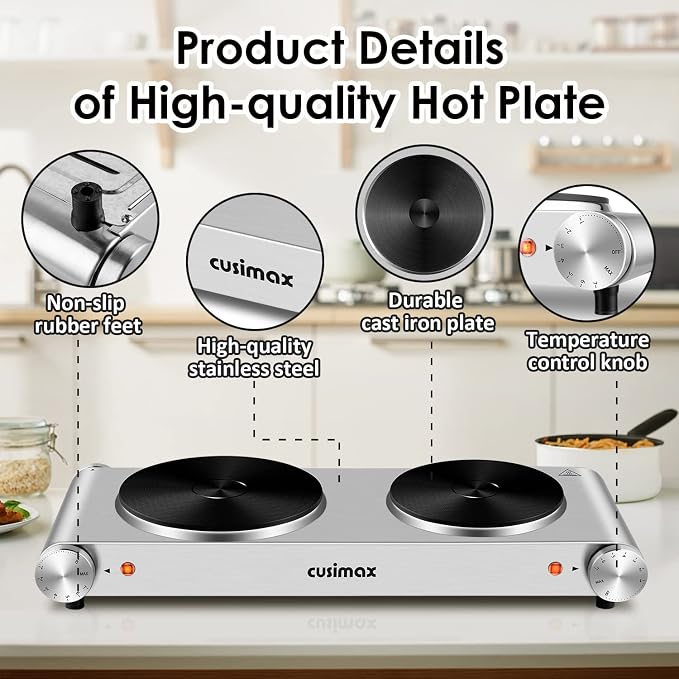 CUSIMAX Hot Plate, Electric Double Burner, 1800W Cast Iron Countertop Cooktop, Portable for Cooking, Compatible for All Cookwares, Easy Clean, Upgraded Version