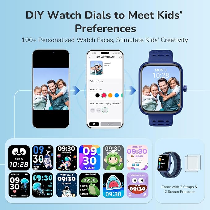 Smart Watch for Kids Gift, Kids Smart Watch with Heart Rate, Sleep Monitor, Fitness Tracker, Kid's Watch with Sports Modes, Puzzle Game& DIY Dials, Birthday, Children's Day Gifts for Kid-Blue(2 Bands)