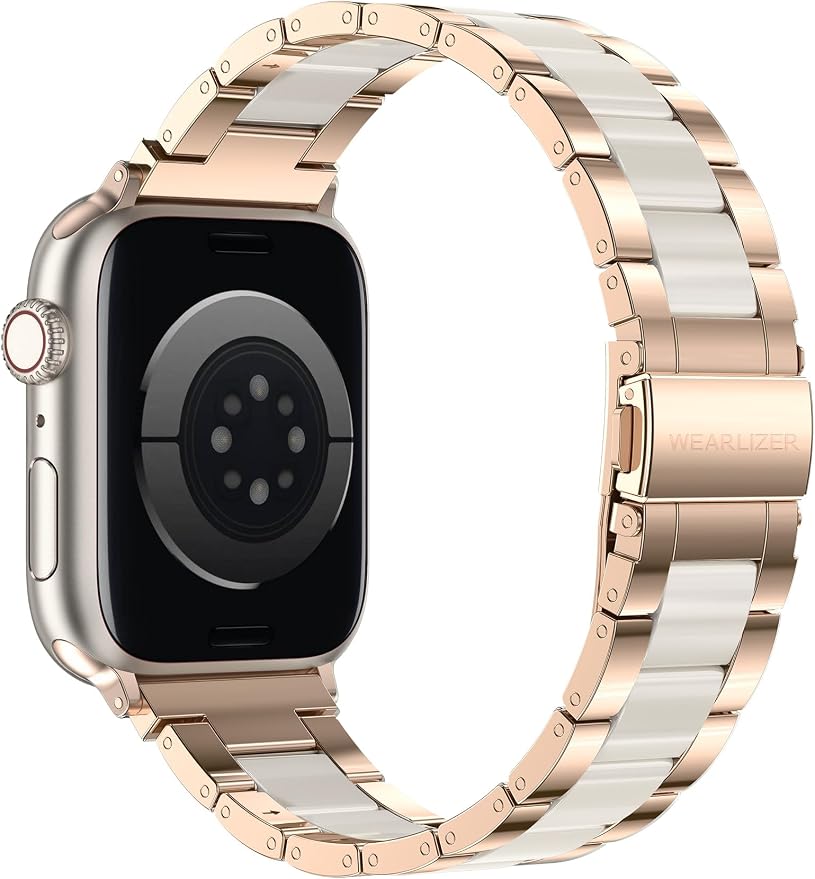 Wearlizer Compatible with Apple Watch Band 42/44/45/46/49mm Fashion Wristbands Womens, Stainless Steel+Resin Metal Replacement for iWatch Series 11 10 9 8 7 6 5 4 3 SE/Ultra 3 2 1-RoseGold+Starlight