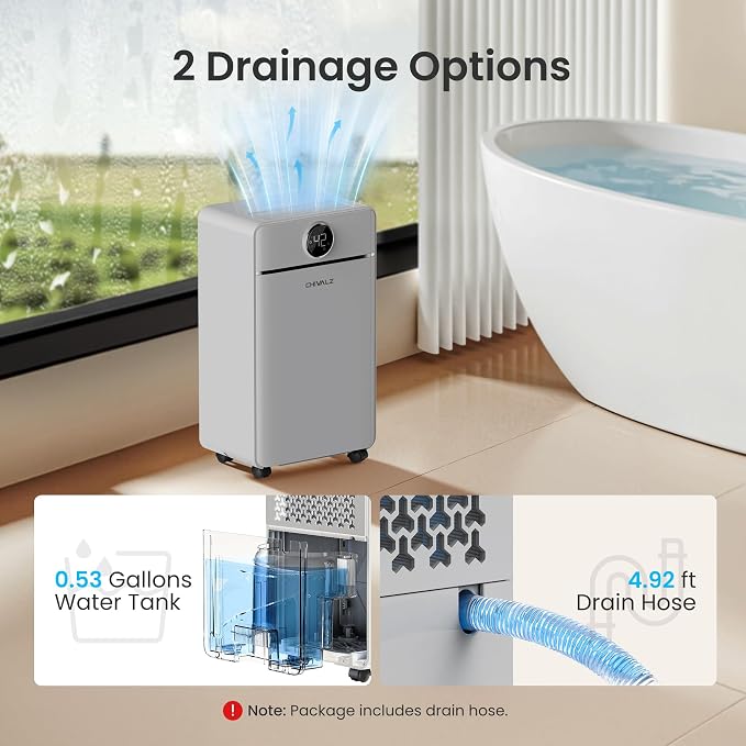 CHIVALZ 1500 Sq.ft Dehumidifier for Basement with Drain Hose, 2026 Upgraded 25 Pints Dehumidifiers for Home, Bedroom, Bathroom, RV, Intelligent Humidity Control, 3 Modes, 24H Timer, Grey 1Pack