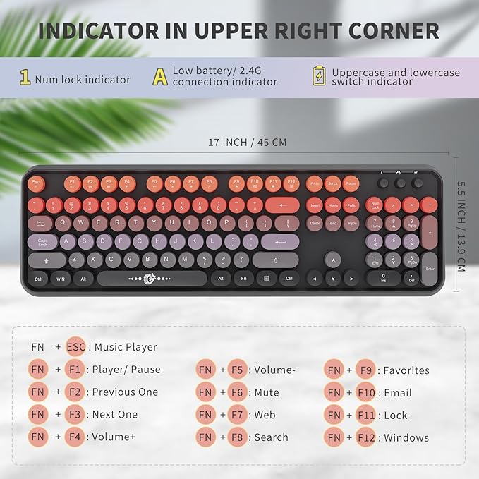 Orange Wireless Keyboard and Mouse Combo, Cute Retro Typewriter Style Round Key Keyboard, Letton Colorful Bubble Full Size Keyboard with Number Pad for Long Nails PC Laptop Office