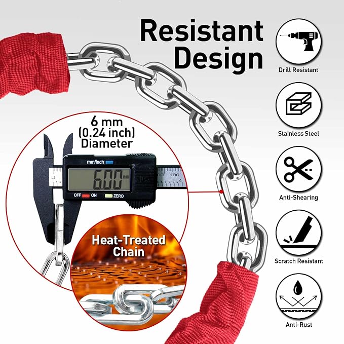 Bike Chain Lock Security 5 Digit Resettable Combination, 51.2 inches Heavy Duty Anti Theft Lock Chain for Bicycle, Motocycle, Scooter, Gate, Fence (Red, 4.2ft)