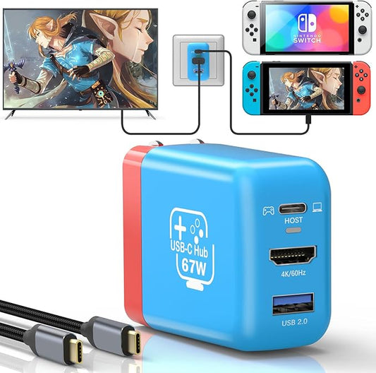 2 Pack 67W Switch Dock Charger for Nintendo Switch/OLED, Portable TV Docking Station with 4K/60Hz HDMI/USB2.0/PD Fast Charging Ports, Charger Adapter Power Hub with USB-C Cable for Mobile Phone