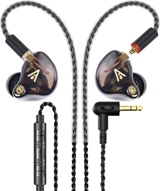 Audiovance Vibes 201M Wired Earbuds in-Ear Headphones with Mic, Noise Cancelling Bass Driven HiFi Earphones, Tangle-Free Braided Cord, Carry Case, Ear Buds Tips, 3.5mm Jack, Secure Fit (Clear Brown)