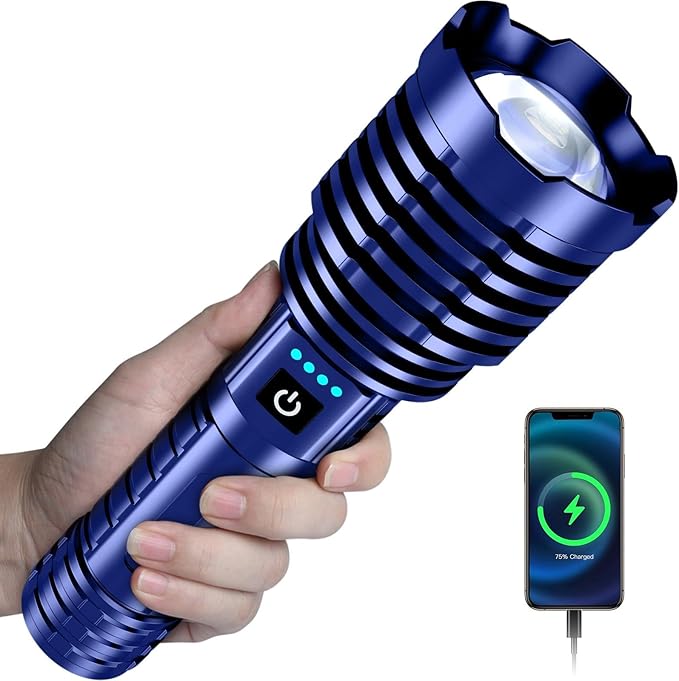 baibian Rechargeable Flashlight 100000 High Lumens, Super Bright Flashlights High Powered, Handheld Waterproof Tactical LED Flashlight-Zoomable 5 Modes-31H Runtime for Emergency Camping (Blue)
