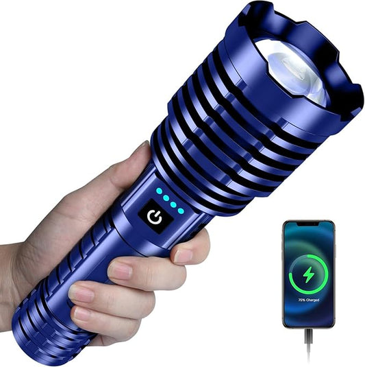 baibian Rechargeable Flashlight 100000 High Lumens, Super Bright Flashlights High Powered, Handheld Waterproof Tactical LED Flashlight-Zoomable 5 Modes-31H Runtime for Emergency Camping (Blue)