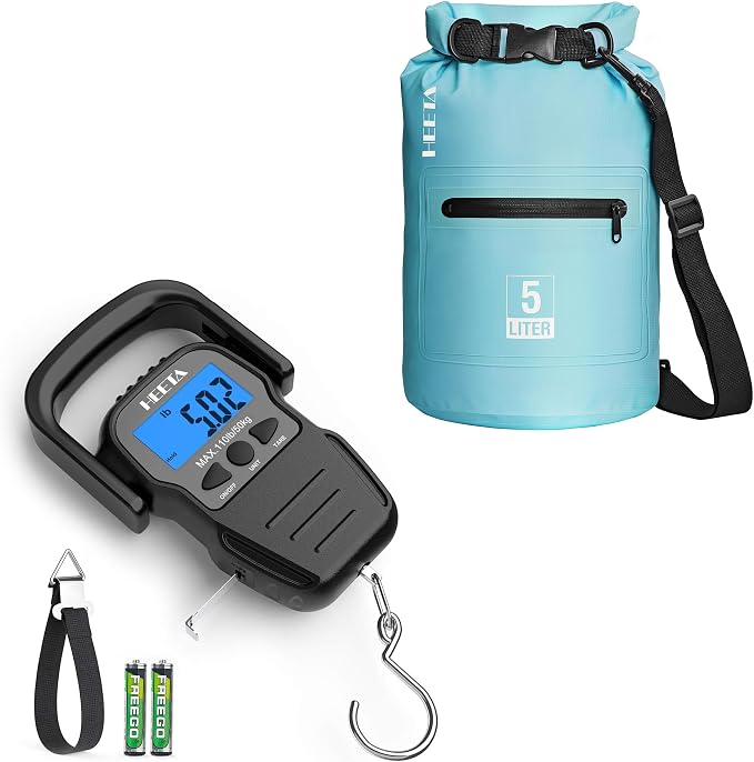 HEETA Fish Scale with Backlit LCD Display, Up to 110lb/50kg, 2 AAA Batteries Included (Black) Bundled with Waterproof Dry Bag with Front Zippered Pocket for Women Men (Blue 5L)