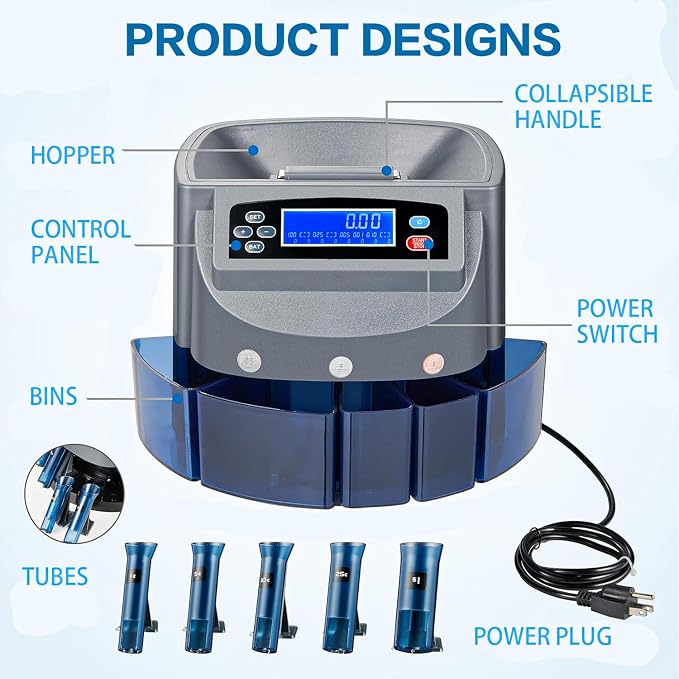 Coin Counter Machine, Coin Sorter Machine with LCD Display, 500 Coins Capacity Automatic Coin Sorter and Wrapper Machine, Change Counter for USD Coin 1￠ 5￠ 10￠ 25￠ $1, Sorts up to 270 Coins/min