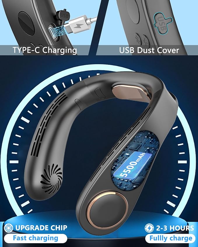 Neck Fans that Blows Cold Air with Cooling Plate, USB-C Rechargeable 5500mAh 3-15H long life, Portable Quiet AC with LED Display, Bladeless Personal Neck Cooler for Kids Adults Outdoor Travel, Black