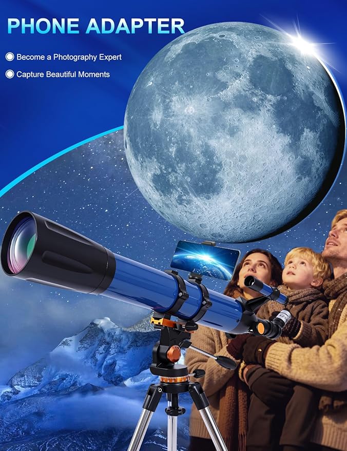 Telescope for Adults High Powered 90mm Aperture 800mm,Refractor Telescopes for Astronomy Beginners with AZ Mount Tripod,Phone Adapter,Carry Bag (80090blue)