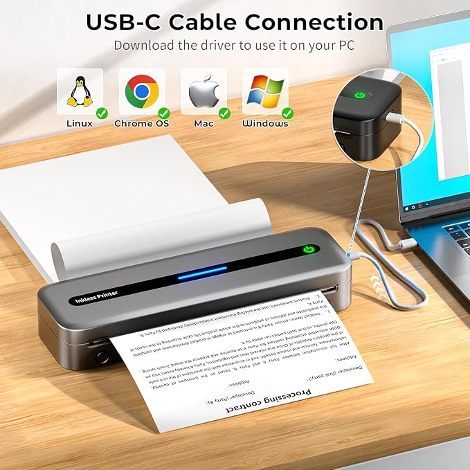 Wireless Inkless Thermal Printer, Bluetooth Mobile Printer for Phone & Laptop, Portable Travel Printer with 300 dpi, Supports US Letter Thermal Paper, Compatible with Mac/Windows