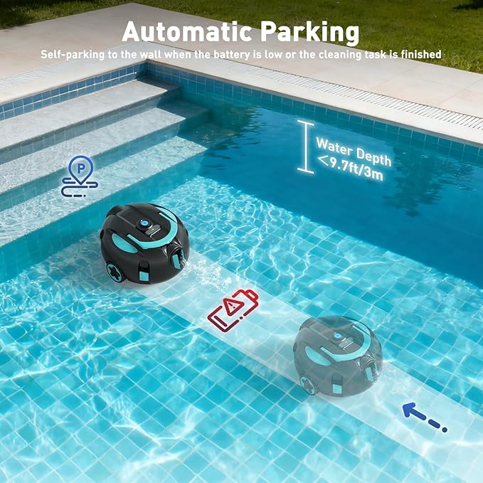 Cordless Pool Cleaner Robot, Robotic Pool Cleaner with Double Suction 40W,for Inground & Above Ground Pools,130 Mins Runtime,Lightweight, Auto-Parking (Blue)