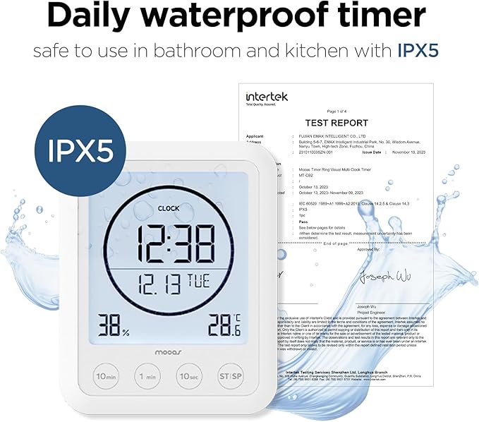 mooas Shower Clock with Waterproof Timer, Temperature, Humidity + Metal Touchless Automatic Liquid Soap Dispenser, Stainless Steel, Rechargeable, IPX5 Waterproof for Bathroom, Kitchen, Handwashing