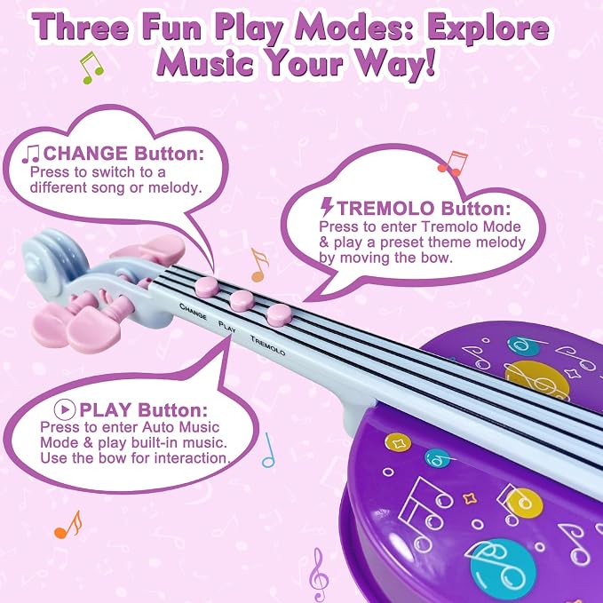 Sealive Kids Electronic Violin Toy with Bow, 17 Inch Music Instrument for Kids Ages 2+, Soft Simulated Bowing Surface, Built-in Songs, Auto Play & Tremolo Modes, Musical Gift for Girls Boys