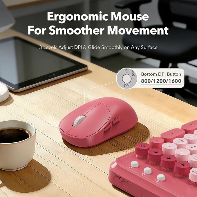 Wireless Keyboard and Mouse Combo, Cute Full-Size Typewriter-Style Keyboard, Retro Round Keycaps, Phone/Tablet Holder, 3-Level DPI Mouse, 2.4GHz Cordless for Mac Windows PC Laptop, Trueque CK13, Rose