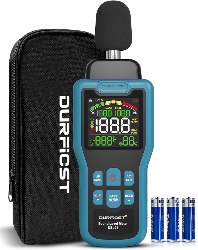 Decibel Meter, DURFICST Sound Level Meter 30-130dB, SPL Meter with Temperature & Humidity, A/C Weighted DB Meter with dB/SONE, Fast/Slow, MAX/MIN, for Home, Office, Factory, Neighbor Noise