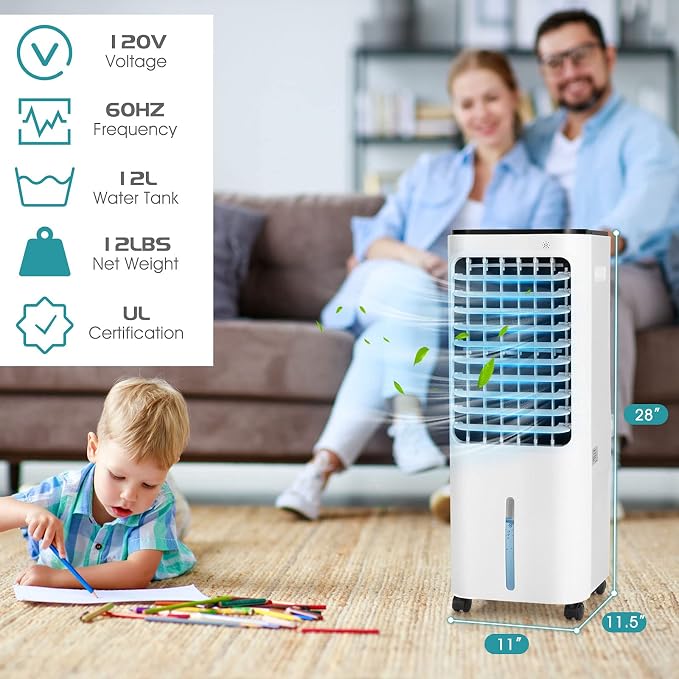 GOFLAME 4-IN-1 Evaporative Air Cooler, Portable Air Cooling Fan Air Humidifier with 4 Ice Packs and Remote Control, Quiet Swamp Fan with 3 Speeds & 4 Modes, 12L Water Tank, 7.5H Timer
