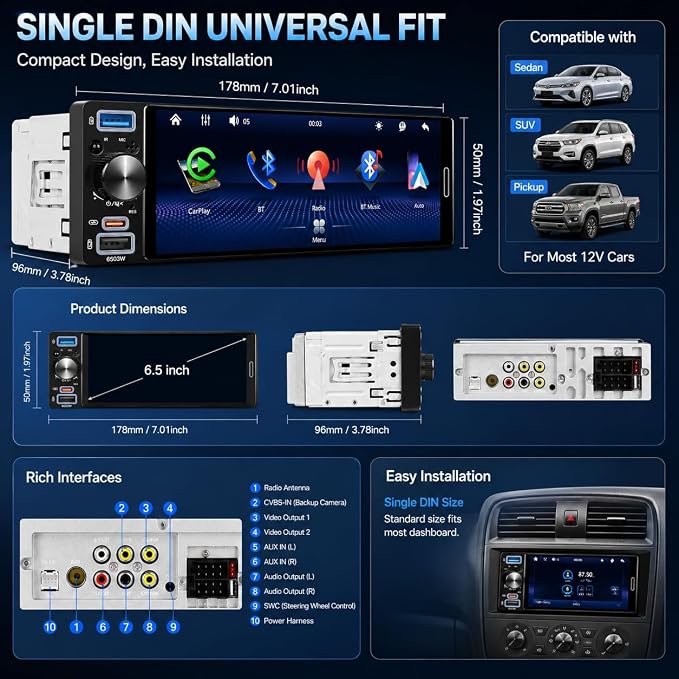 6.5" Single Din Car Stereo, Wireless Apple CarPlay Android Auto, Car Bluetooth 5.2, Car Radio with HD In-Cell IPS Touchscreen,FM/AM/RDS, Dual USB Type-C, HD Backup Camera, 180W Audio Output, Subwoofer
