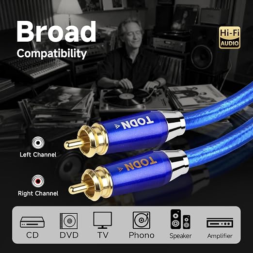 TODN RCA Cables 3ft Audiophile with Silver-Plated-OCC and Triple Shielded | Treble Resolution, Noise Reduction, RCA Male to RCA Male, 24K Gold-plated Plug, Left and Right Channel