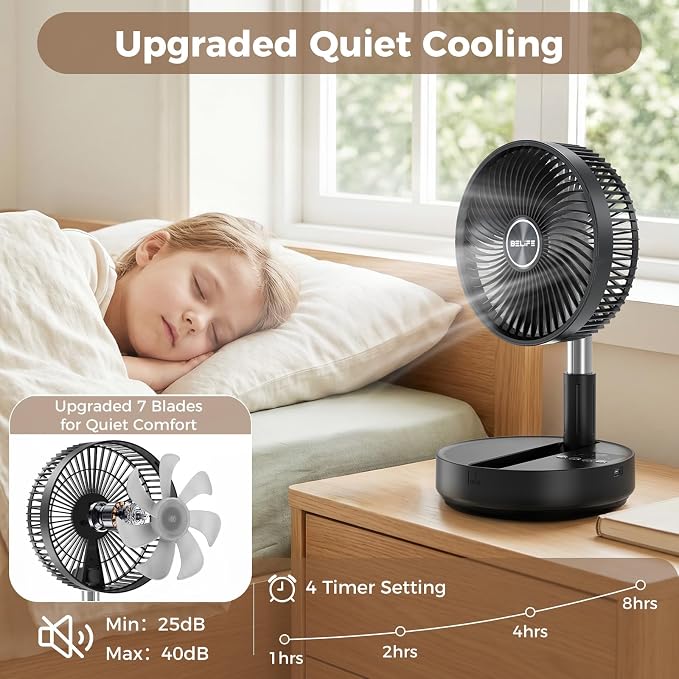 Belife X8 Plus Portable Oscillating Fan, 8'' 7200mAh Rechargeable Battery Powered Operated USB Fan with Remote, Cordless Quiet Standing Foldable Floor Table Fan for Camping Travel Cruise Bedroom