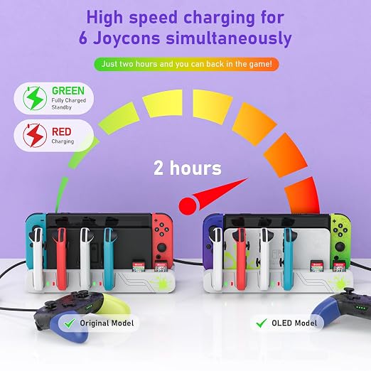 Switch Game Storage with Controller Charger for Nintendo Switch & OLED Model (Designed for Splatoon 3), Switch Charging Dock Charges 6 Joycons, Gaming Accessories Holder Switch Gift Card Organizer