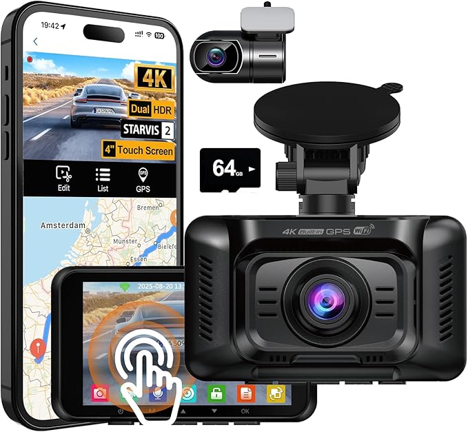 HUPEJOS 4K Dual Dash Cam Front and Rear, Camera for Cars with STARVIS 2 Sensor, 4” Touch Screen Dashboard Camera Built-in 5G WiFi GPS, Free 64GB Card, Voice Control, Night Vision, 24H Parking Mode