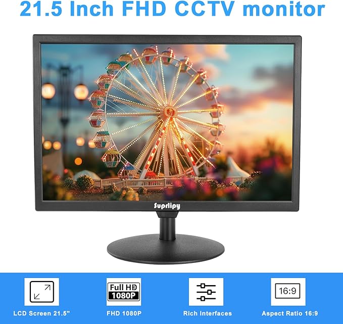 21.5" FHD Mini LCD Monitor Display Screen 1920x1080 60Hz 16:9 BNC VGA HDMI AV with USB Input Built-in Loudspeaker for CCTV Security Camera DVR PC Game Console