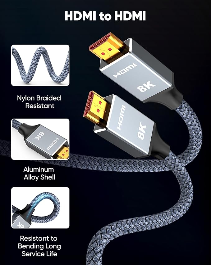 Capshi 30ft 8K 4K@120Hz HDMI Cable 2.1, 48Gbps High Speed Cord for PS5/4, TV, Gaming Console, Monitor, 8K@60Hz, 2K@240Hz, 144Hz, Support HDR, eARC, DTS:X, HDCP 2.2 & 2.3, Braided, Grey