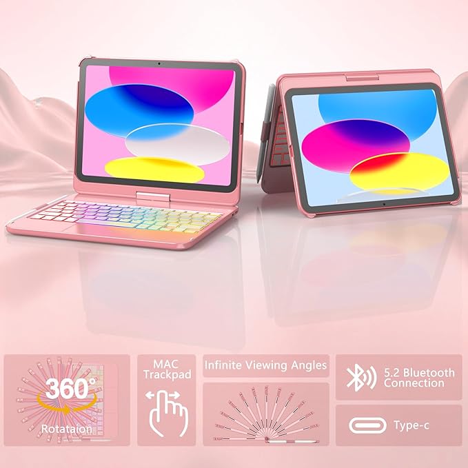 Touch Keyboard Case for iPad A16 11th Generation 2025/10th Generation 10.9 inch 2022,360° Rotatable for iPad 10th Generation Case with Keyboard- 10 Color Backlight Keyboard Case with Pencil Holder