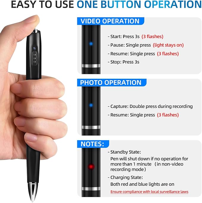 1080P Mini Hidden Camera，HD Camera Pen – Nanny Cam Mini Security Cameras，Long Battery Life，Easy to Use，Micro Pen Camera for Important Moment【2026 Upgrade】