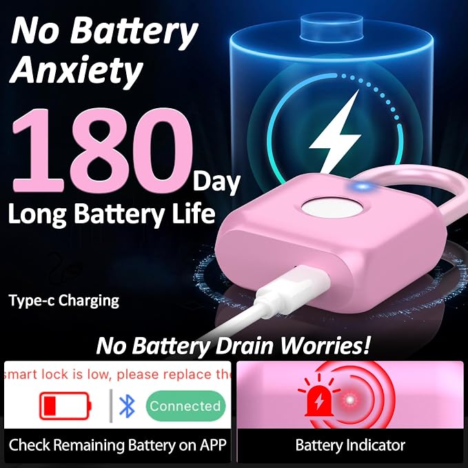Pothunder Fingerprint Padlock, Smart Padlock, Locker Lock, Combination Lock, Fingerprint Lock with APP Unlock, USB Rechargeable, Suitable for Gym Locker, Door, Locker(Pink)