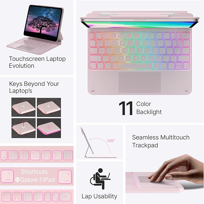 typecase Edge Keyboard Case for iPad Air 11-inch(M4/M3/M2, 2026/2025/2024), iPad Pro 11" (4th/3rd/2nd/1st Gen) & iPad Air 10.9" 5/4th Gen, Multi-Touch Trackpad, 11-Color Backlight, Pink