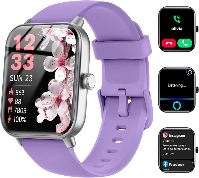 Quican Smart Watches for Women, Compatible for iPhone and Android Phones | 1.8" Fitness Tracker Watch, Waterproof, Calling, Heart Rate/Sleep Monitor, Alexa, Gifts for Women, Silicone Band, Purple