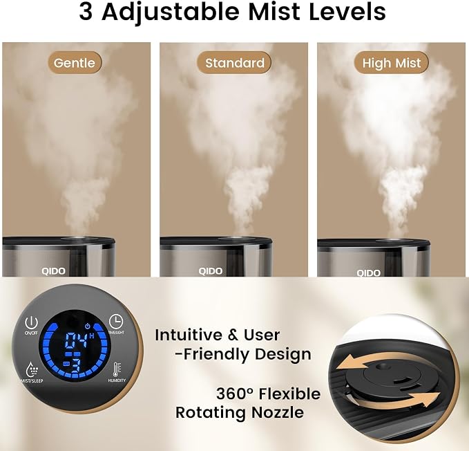 QIDO Top Fill Humidifiers for Bedroom, 5 L Cool Mist 36H Super Long Time, Quiet 28dB Essential Oil Diffuser for Baby & Plants, 3 adjustable Mist with Touch/APP/7-color Nightlight, Black
