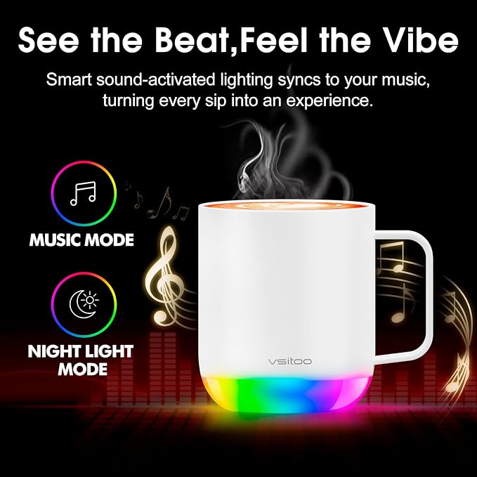 Vsitoo S6 Plus 12oz Smart Self Heating Coffee Mug, AI Auto-Sensing Heated Espresso Mug Temp Control 120-150℉, Rechargeable Mug Warmer with Music LED, IPX7 Gift for Women Men- White