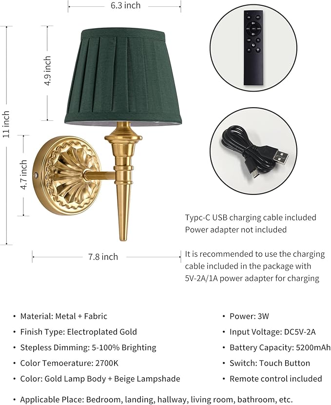 KDG Cordless Wall Sconces Set of 2, Small Wireless 5200mAh Rechargeable Battery Fabric LED Wall Lamps, Portables Lightings for Wall Painting, Living Room, Bedroom, Hallway, Gifts, Night Light (Green)