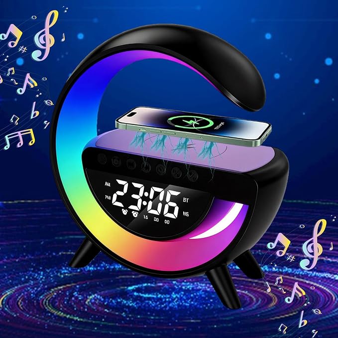 15W Wireless Charging Ambient Light Bluetooth Speaker Alarm Clock Multifunctional G-Type Colorful Bedroom Light Desktop Creative Ornament (Black)