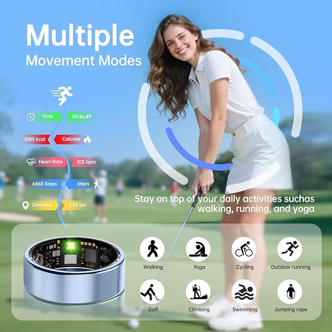 Smart Ring for Women & Men, Health Tracker Ring with Heart Rate, SpO2, Blood Pressure,Temperature, HRV & Stress, IP68 Waterproof Fitness Ring, Sleep Tracker for iPhone & Android, No App Fee(Blue, 7#)