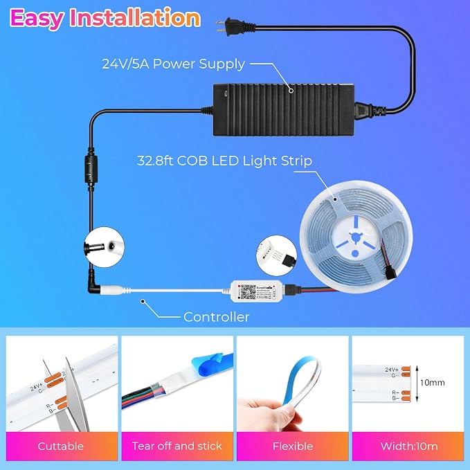 24V RGB COB Led Strip Light 32.8FT/10M, 5760Leds,10mm Width, Flexible Led Tape Light, Smart Led Strip Light Color Changing, Music Sync, Led Strip Lights for Room Decor, TV Backlights