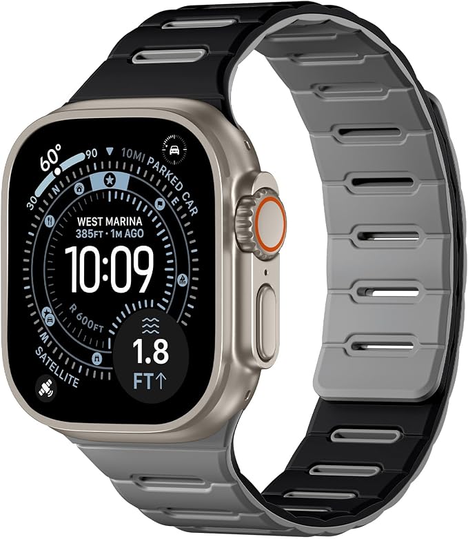 Bandletic Double Magnetic Compatible with Apple Watch Series 11 Band 46mm Men, Rugged Silicone Sport Watchband for iWatch 49mm(Ultra3/Ultra2),45mm(9/8/7), 44mm(SE3/SE2/SE/6/5/4),42mm(3/2/1),Black Gray
