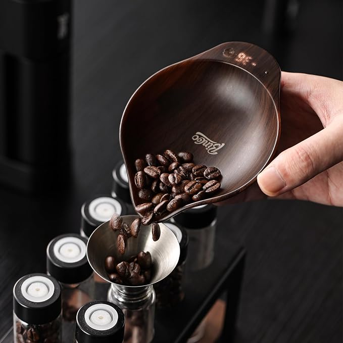 BINCOO Walnut Coffee Bean Scale Dosing Cup with LED Espresso Scale Coffee- Rechargeable 0.1，Small Coffee Spray Bottle， Precision &Tea Scale & Perfect Coffee Lover Gift（walnut wood）