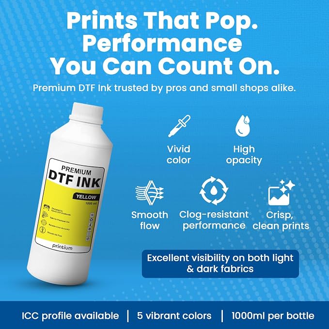DTF Ink Yellow 33.8 fl oz (1000ml) | High Opacity Clog-Free Formula | Compatible with ET8550 L1800 XP600 I3200 4720 XP15000 & All Printheads | Reliable Color Accuracy & Smooth Flow