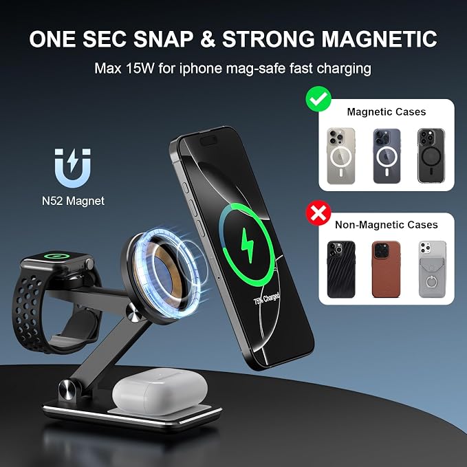 Wireless Charger 3 in 1,Foldable Wireless Charging Station for Apple MagSafe Charger,Aluminum Portable Magnetic Travel Charger Stand for iPhone,Watch,Aipods (with 20W Adapter & Case)