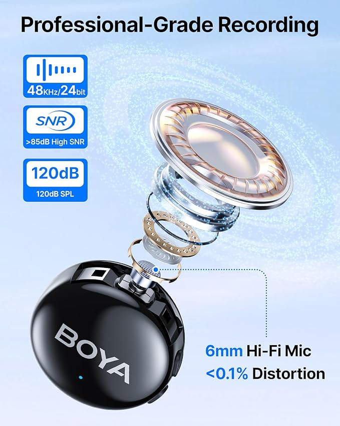 BOYA BOYALINK 3 Wireless Lavalier Mini Microphones for iPhone 15-16/Android/PC/Camera,AI Noise Cancellation,48kHz/24Bit Studio Sound,APP Control,984ft 30h Battery with Charging Case for Vlog Interview