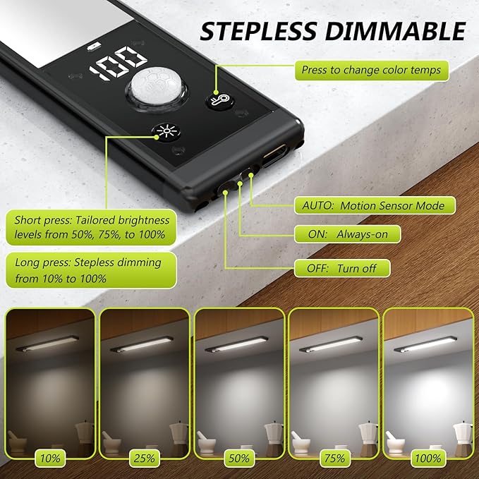 Mpotmiy 6 Pack 12" Rechargeable Motion Sensor Under Cabinet Lights with Digital Display, 2200mAh, 3 Color Temperatures, Magnetic Dimmable Closet Lights for Kitchen
