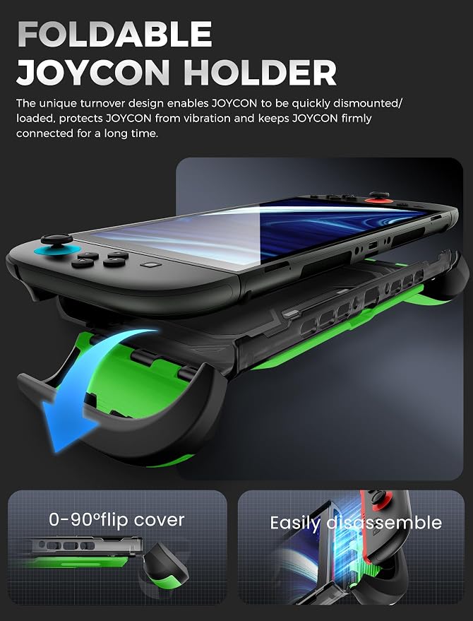 Mumba Dockable for Nintendo Switch 2 Case with Flip Stand, [Titan] Ergonomic Switch 2 Grip Protective Cover Holds 5 Game Cards & 2 TF Cards TPU Accessories and Quick-Release Joy-Con Design (Green)